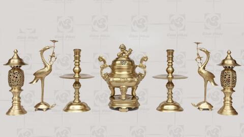 Bộ ngũ sự bằng đồng cao 55cm mộc mạ tinh xảo